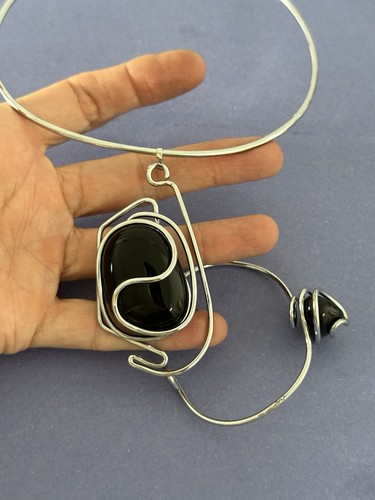 Necklace Bracelet Set Black Quartz Stone Silver Wire Handmade Collar Stunning - Picture 5 of 10
