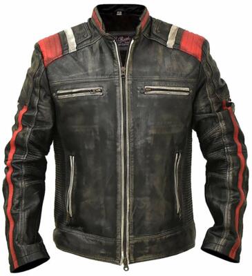 Men Moto Jacket Cafe Racer Vintage Retro Distressed Biker Black Leather Jacket