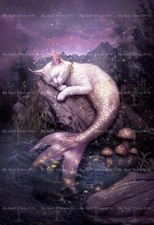 PINK MERMAID CAT ART PRINT, Fantasy Poster, Animal Kitty Funny Wall Decor E877