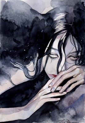 Original Watercolor Painting Gothic Woman Portrait Dark Fantasy Wall Art