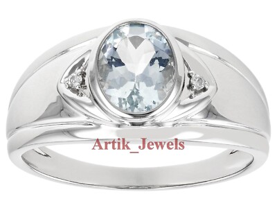 Natural Blue Topaz & CZ With 14K White Gold Plated Silver Ring For Men's #483