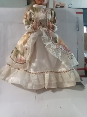 Barbie Size Victorian 18'' Tall Satin Dress Cream Tan flowers Nice