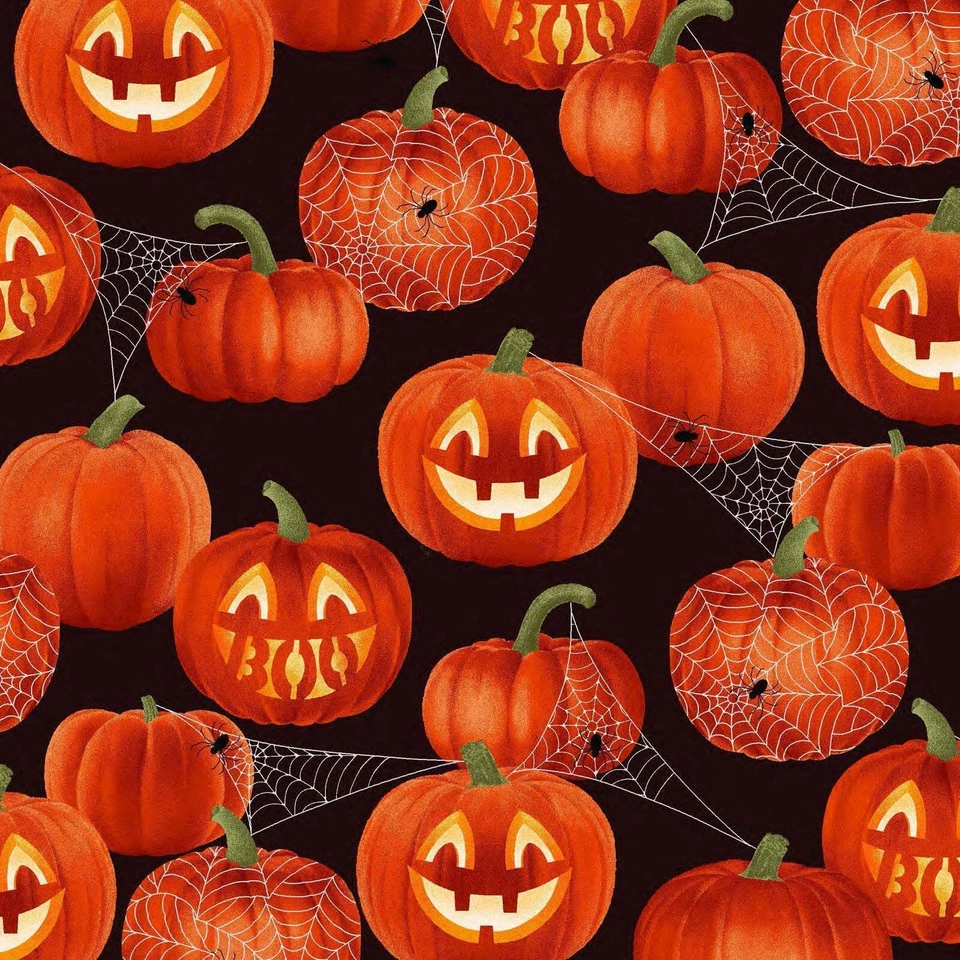 Fabric Traditions 万圣节闪光微笑南瓜和蜘蛛网黑色 100 — 第 3/3 张图片