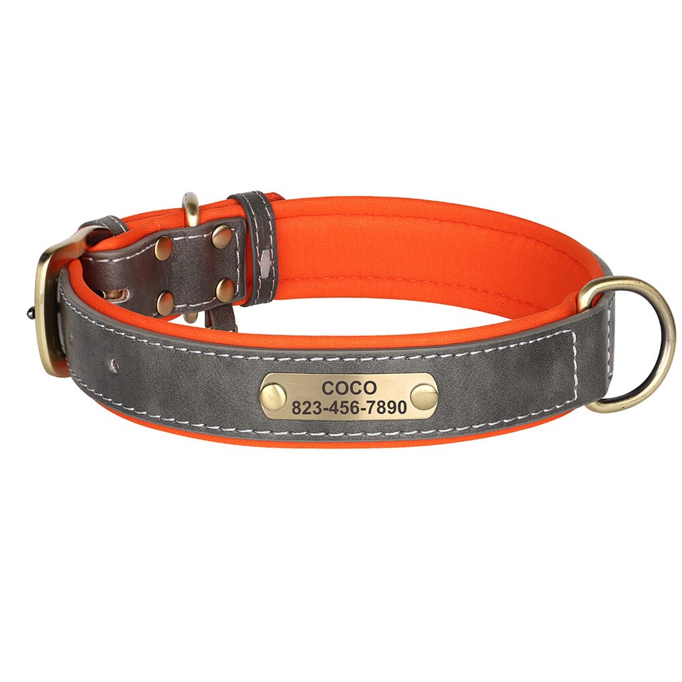 Soft pu leather dog collar brass buckle custom name plate for small