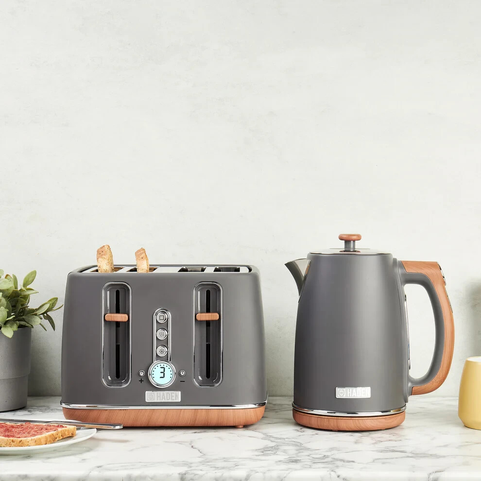 Haden Dorchester Grey 1.7L, 360° Digital Kettle & 4 Slice Wide Slot Toaster Set