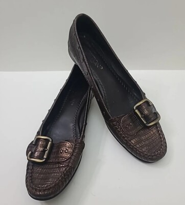 Stokton Women's Loafers Size 8 EU 38.5  Croc Embossed Bronze Leather with Buckle