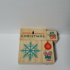 Wood Block Stamp Set Holiday 5 Piece Christmas Snowflake Candy Cane Joy Peace