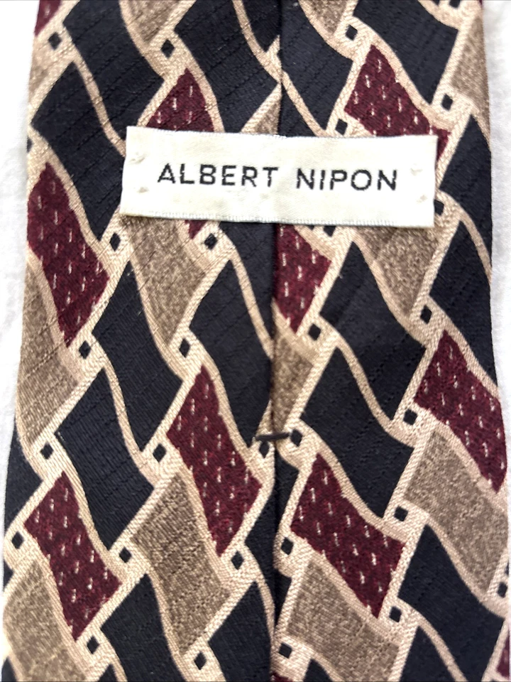 Corbata para hombre Albert Nipon 100 % seda negra bronce borgoña geométrica texturizada 60x4" Foto 2 de 4