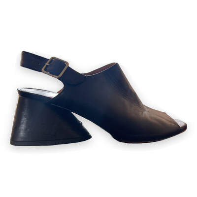 Dries Van Noten Black Leather Open Toe Sling Back Heels Mules Size
