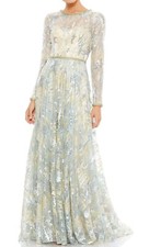 Mac Duggal 12460 Long Sleeve Embellished Mesh Gown SZ 6 Platinum Mrsp $798