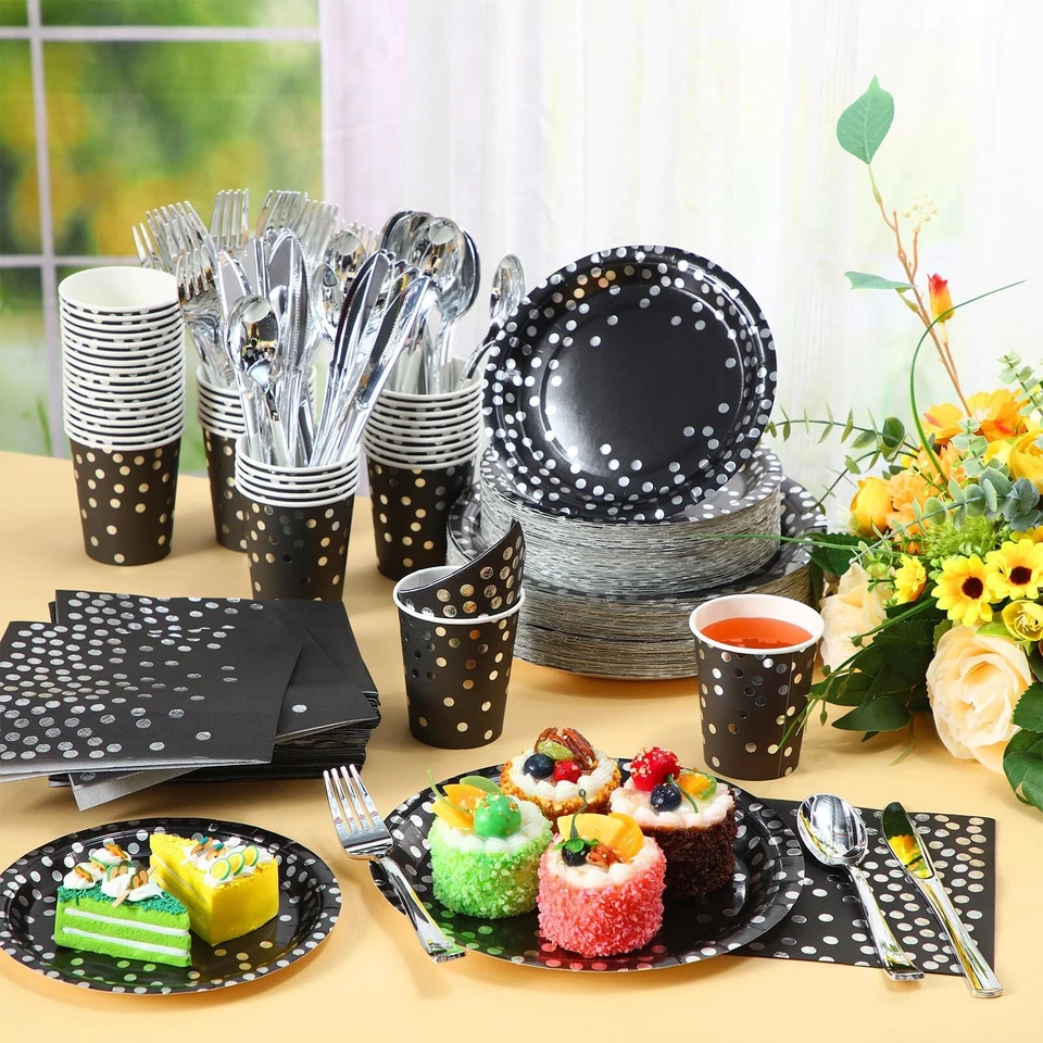 Plato desechable Sieral 560 piezas negro y plateado para 80 invitados... Foto 3 de 4