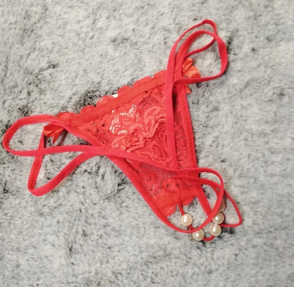 Damen Tanga aus Spitze Offene Schritt String mit Perlen Reizwäsche Spitzenslip - Bild 3 von 4