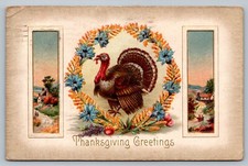 Postcard Thanksgiving Greetings Turkey Wreath...