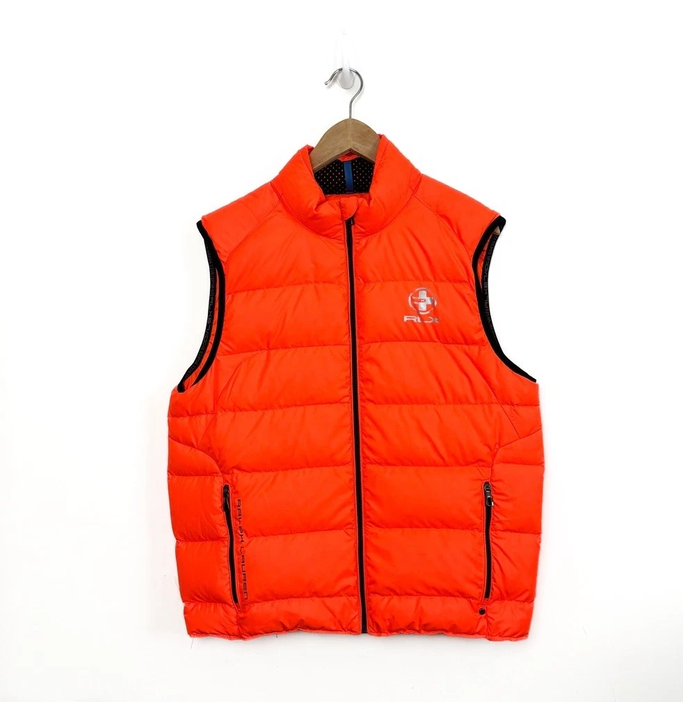 RLX Ralph Lauren Vest Men Medium Orange Puffer Down Full Zip Quilted Outdoors