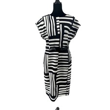 Calvin Klein Sheath Dress Women 10 Black White New Flaw Striped Belted Geometric