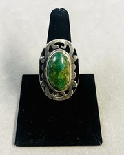 Vintage Navajo Sterling Silver Green Turquoise Native American Ring 9.5 Adjustab