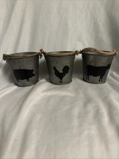 Primitive Vintage Looking 3pc  Pig, Cow & Rooster Pail Set Small SH2