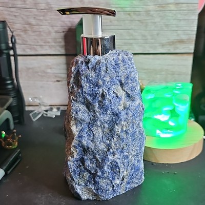 Large Natural Sodalite Stone Soap Dispenser 8'' Tall 3.4 lbs Blue Crystal Bathroo