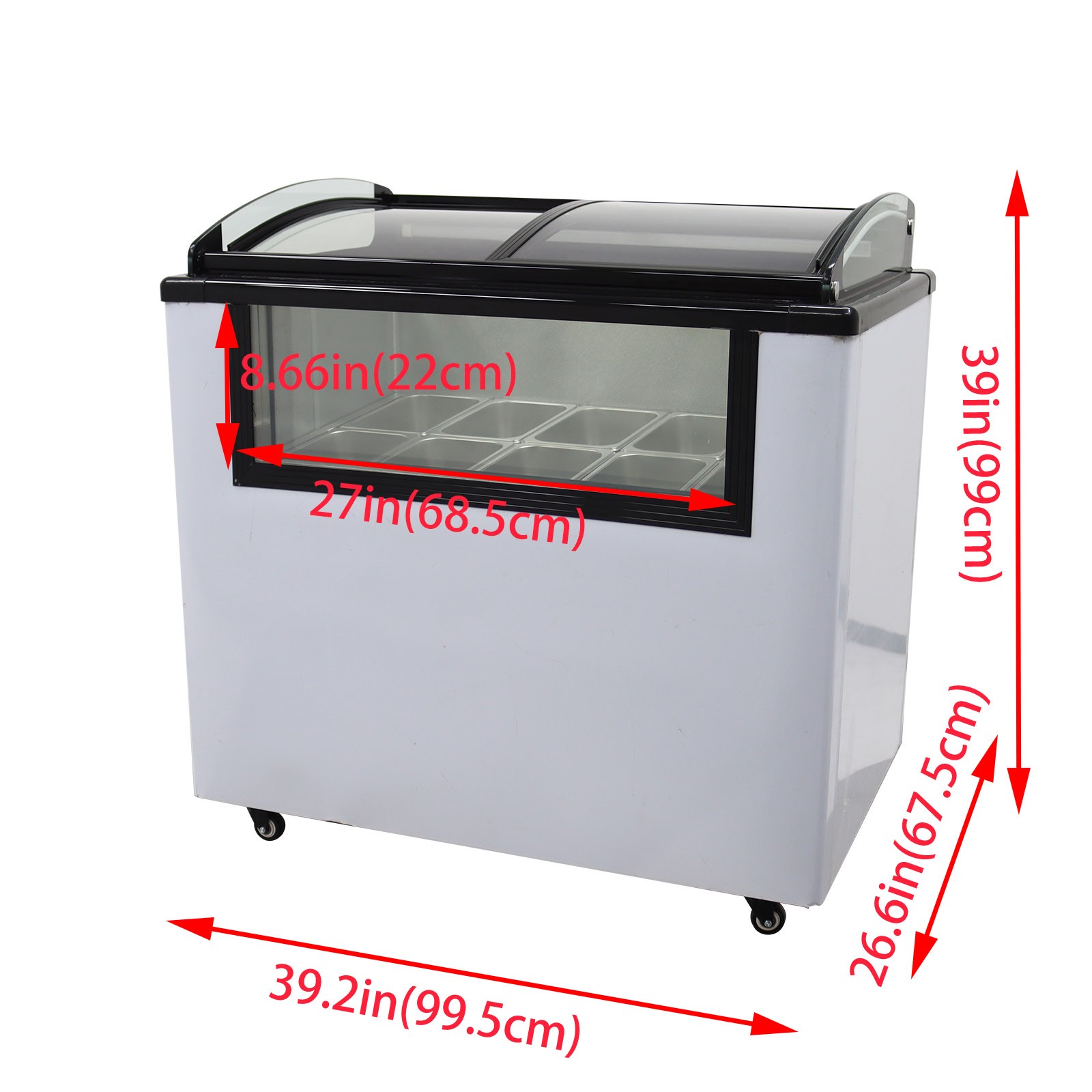 10 PAN Ice Cream Showcase Ice Cream Display Cabinet with Universal Wheels 110V