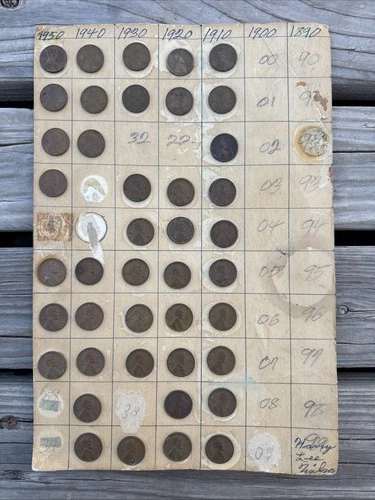 Antique US Penny Coin Collection Homemade Project Display School Hobby 1890-1960
