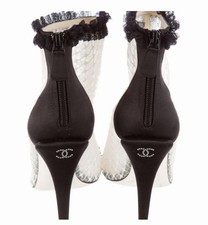 CHANEL Transparent Mesh Quilted Peep Toe Ruffle Lace Trim 37.5 Bootie Ecru/Black
