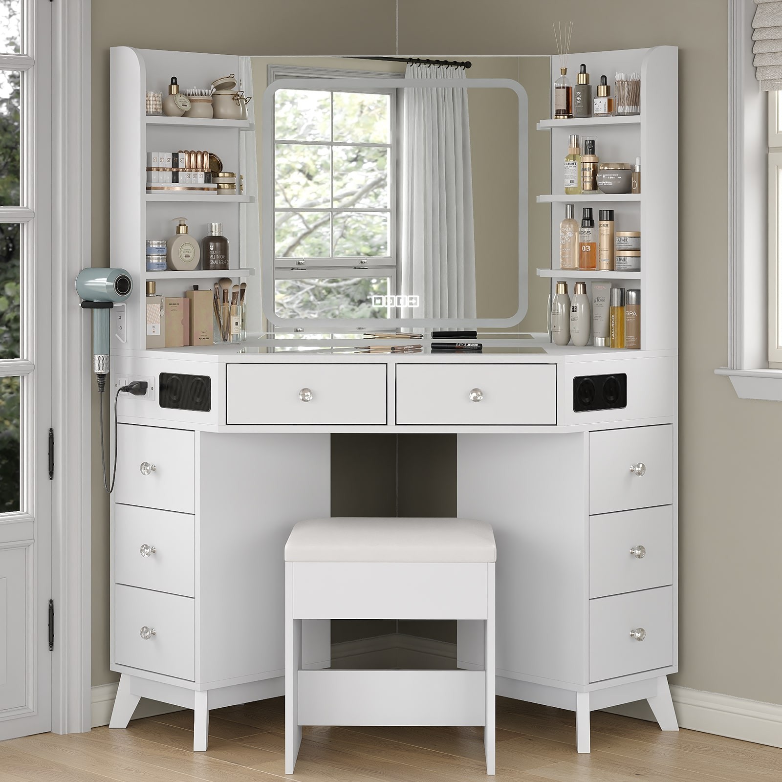 Corner Vanity Desk with Bluetooth Speaker, Makeup Vanity Mirror, Dressing Table
