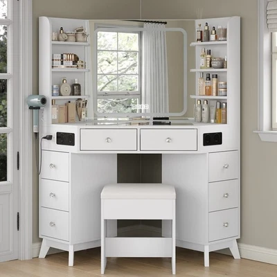 YANOSAKU Corner Vanity Desk with Bluetooth Speaker, Makeup Vanity Mirror, Dressing Table
