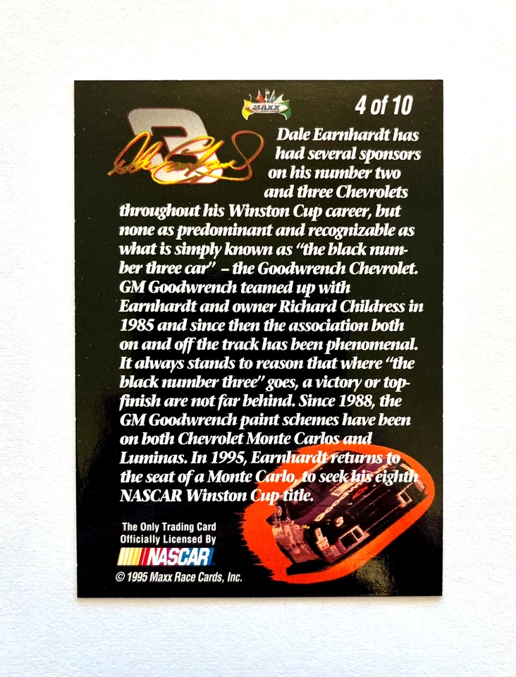 Dale Earnhardt NASCAR 1995 Maxx Chase the Champion #4 of 10 Autographed Signed - Image 4 of 4