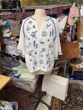 Johnny Was Biya Megara White Blouse with Blue Embroidery
