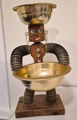 Vintage Collectable Handmade Figurine Candy Dish Amercana Unique Wood Brass 