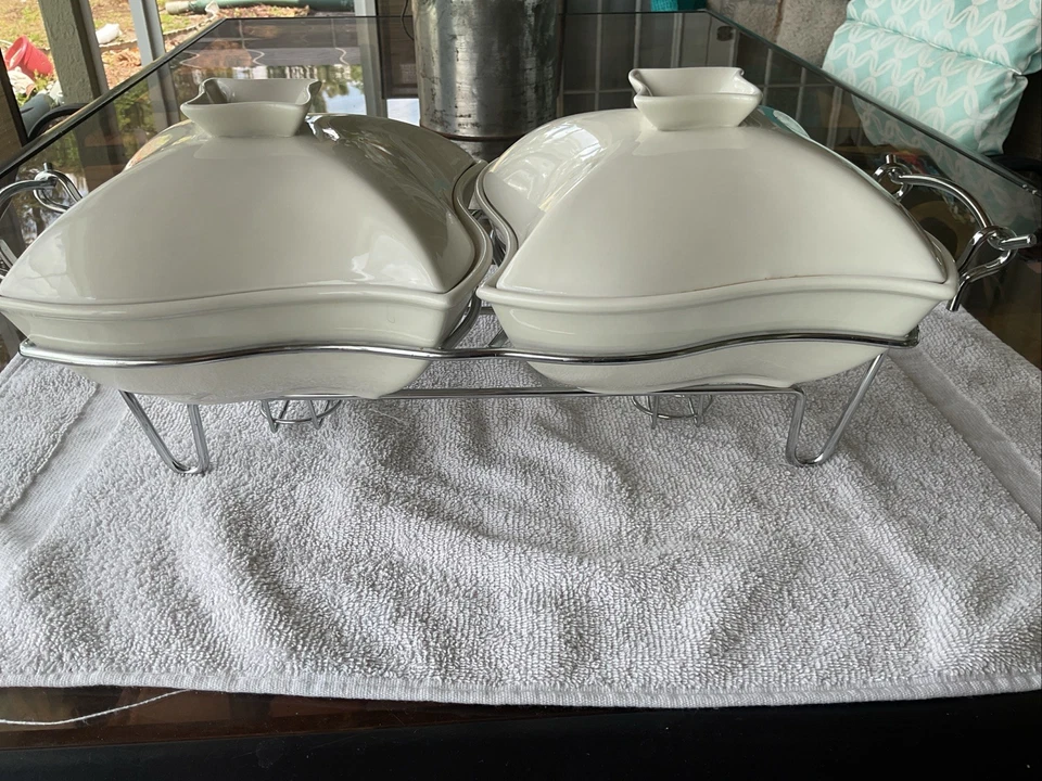 DOUBLE Siena by Godinger Bone (2) 1 Qt Pinwheel Casseroles With Warmer Stand - Image 2 of 4