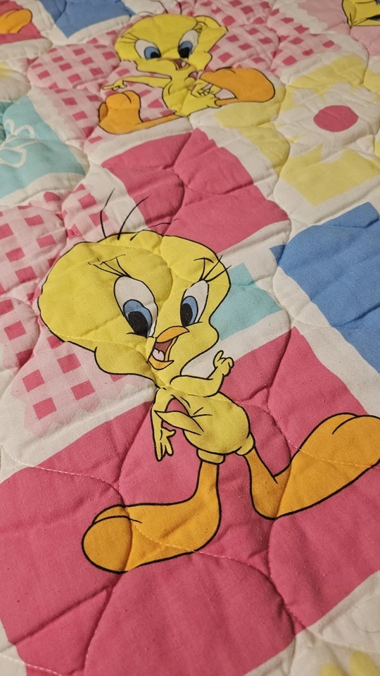 Manta de cama rosa vintage 1997 Looney Tunes Tweety Bird 52" x 41" para cuna/niño pequeño Foto 2 de 4