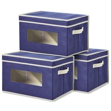 3x Navy Collapsible Foldable Cloth Fabric Cube Storage Bins Baskets for Shelves