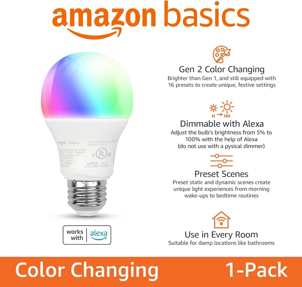 Smart A19 LED Light Bulb, Color Changing, 9W (60W Equivalent), 800LM, Works with - Image 2 of 4