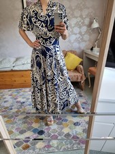 Jaunet Blue/White Abstract Long Shirt Dress UK 10 Collared Viscose Buttons