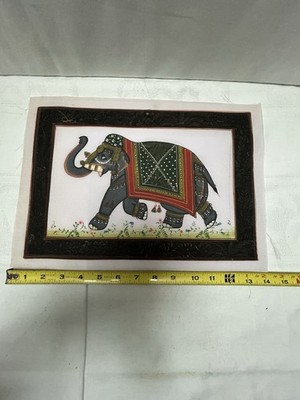 Vintage Indian Elephant Textile Print Wall Art. 1970s Handcrafted Folk Art