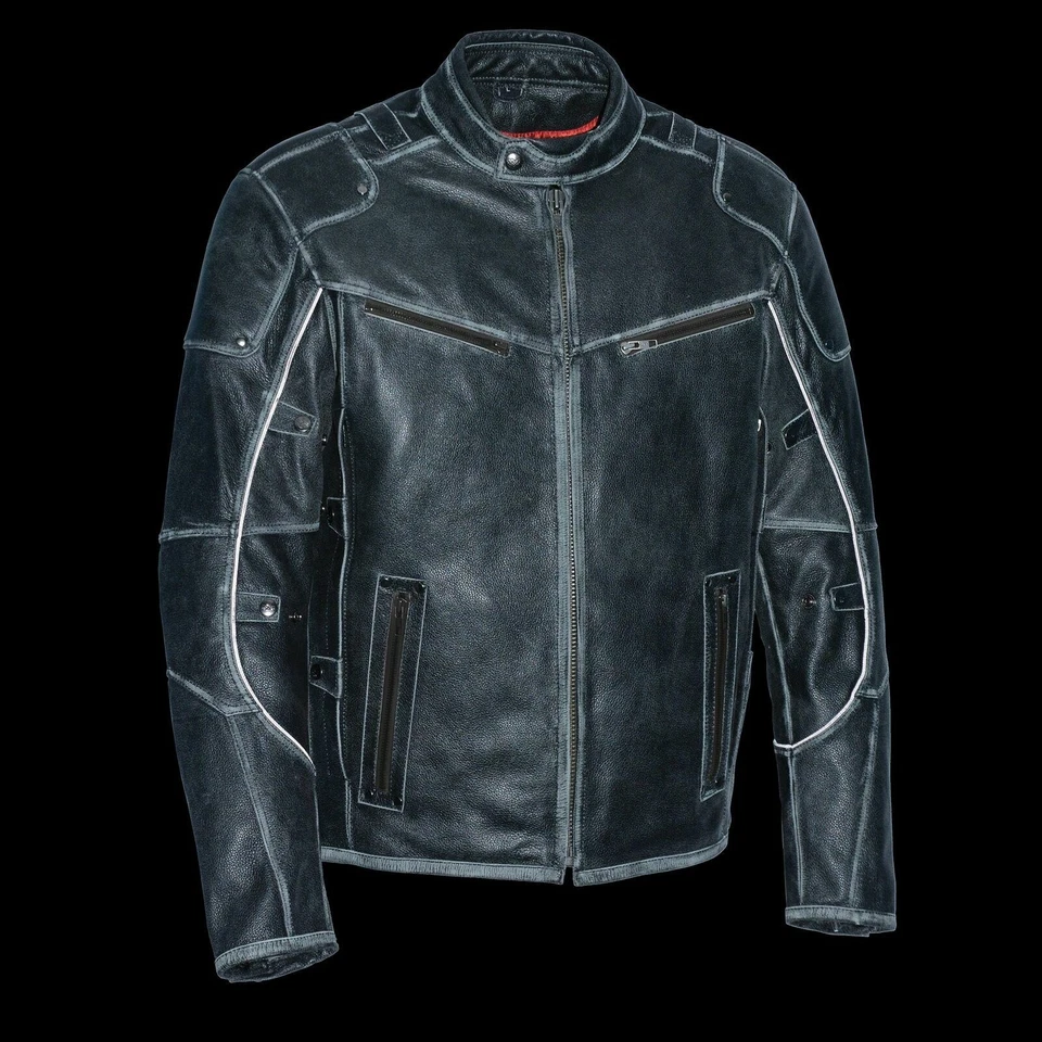 CHAQUETA DE CUERO GRIS ENVEJECIDO VINTAGE PARA MOTOCICLETAS PARA HOMBRES con DOS BOLSILLOS PARA ARMAS - SADA Foto 3 de 4