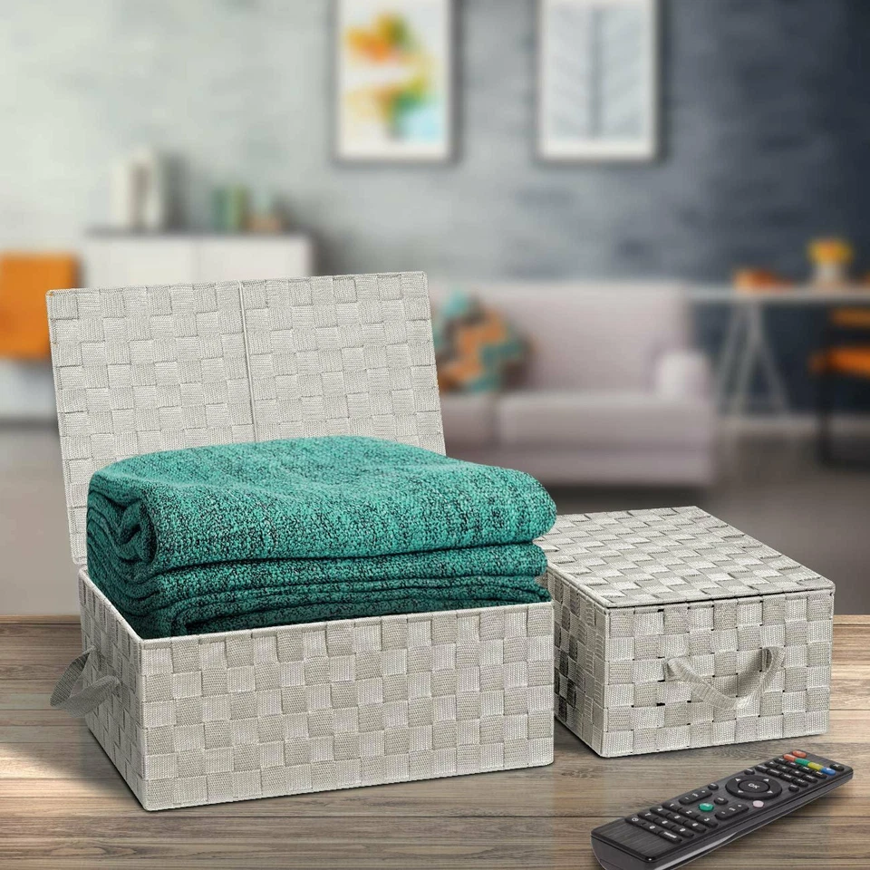 Storage Box Woven  Lid Basket Bin Container Tote Cube Stackable Organizer Set - Image 2 of 4