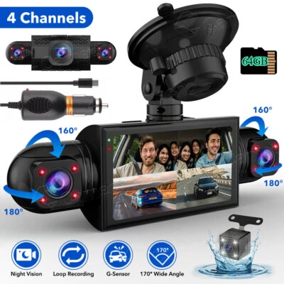 CAMECHO 4 Channel Dash Cam 360° Dash Camera HD 1080P 4 Lens Driving Recorder w/64G Card