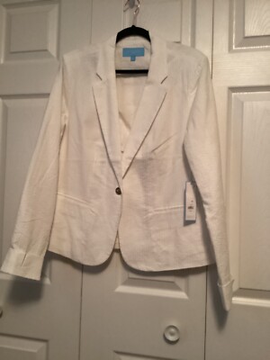 New Womens XL Draper James RSVP Seersucker Cotton White Blazer MSRP $88