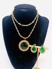 Jewel Tone Green Rhinestone Mesh Necklace & Earrings Demi Vintage Jewelry