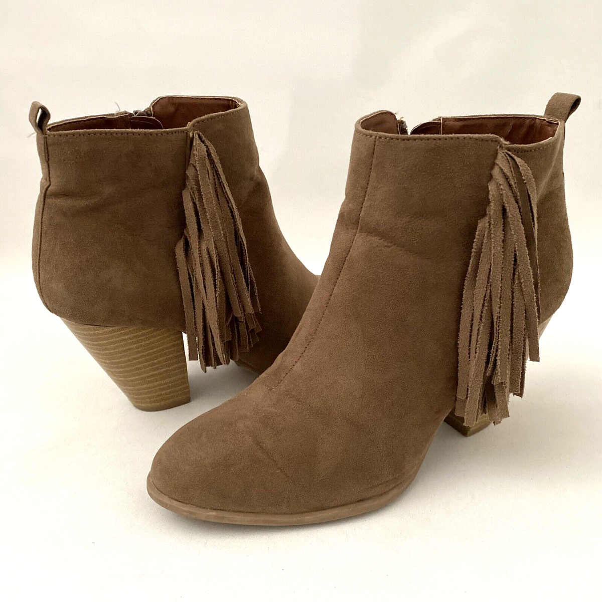 Qupid Fringe Ankle Boots Brown Size Zip Up Womens Booties Block Heel