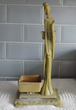 VGC VINTAGE JAPANESE PALE GREEN RESIN GEISHA FIGURINE ON BASE + BOWL 40 x 18 cm