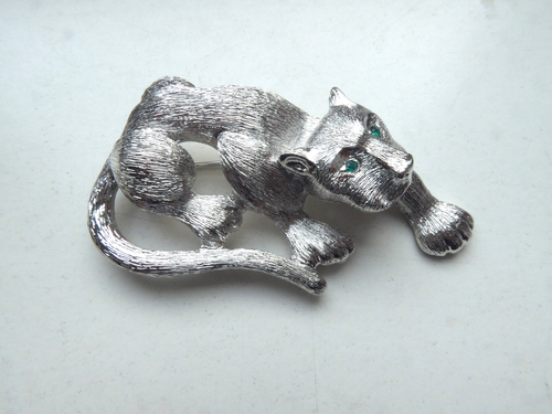 Pierre Lang Large Brooch Wildcat With Green Eyes Like New - Picture 2 of 6