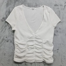 Stitch & Pine Top Womens S White V-Neck Short Sleeve Ruched Blouse Stretch 