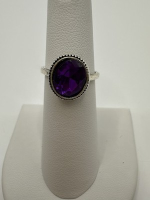 Silver Tone Purple Oval Rhinestone Ring Size 6