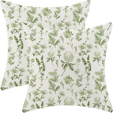 Sage Green Spring Pillow Covers 18x18 Inch Set of 2, Wild Flower Leaves Plant Th