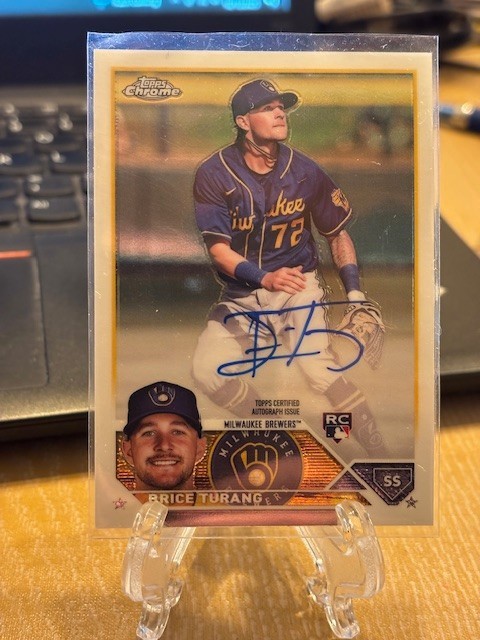 2023 Topps Chrome Baseball Brice Turang Rookie Auto Brewers SP RA-BT On Card