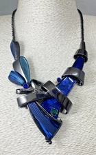 Blue Geometric Bib Necklace Statement Grey Gun Metal Tone Acrylic Abstract 49 cm