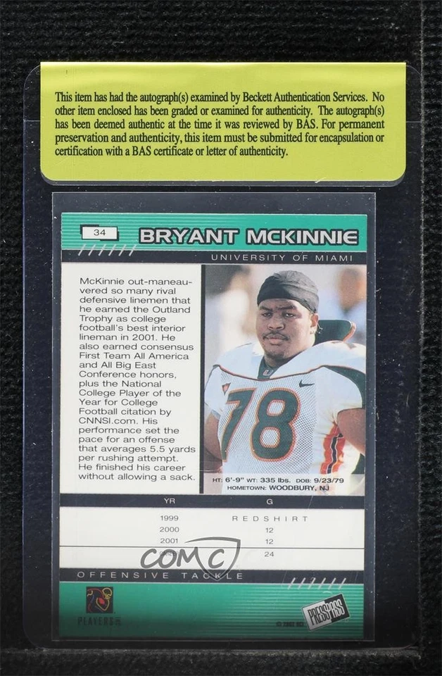 BAS 2002 Press Pass Bryant McKinnie #34 Authentic Auto Rookie RC - Image 2 of 2